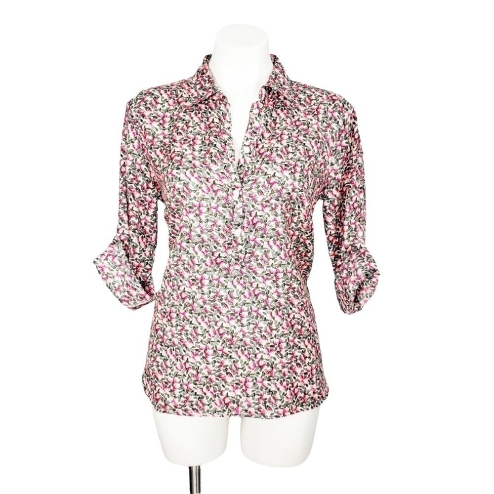 Gap Pomegranate Floral Popover Blouse Roll Tab Sleeve Pink Green Size Small